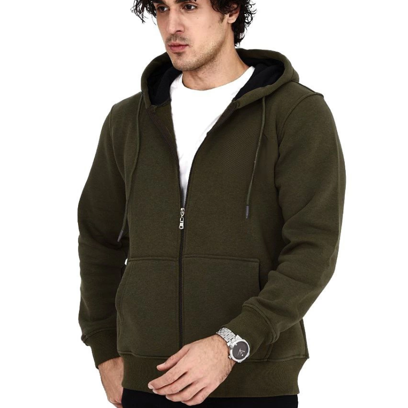 Tam Fermuarlı Kapşonlu  SweatShirt - Haki -